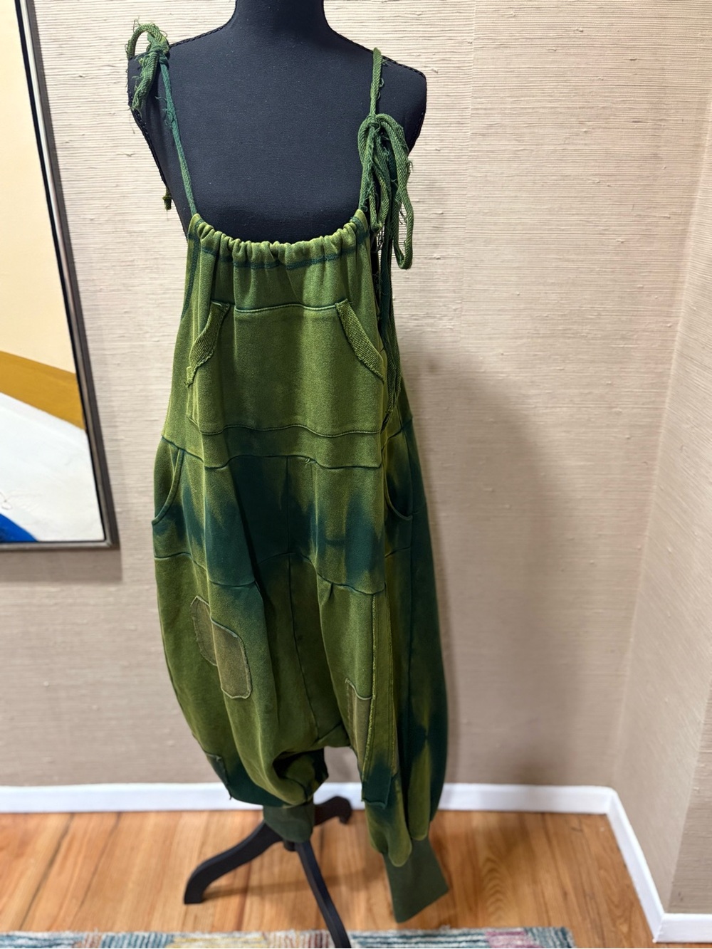 Green Tie-Dye Harem Jumpsuit with Adjustable Tie Straps